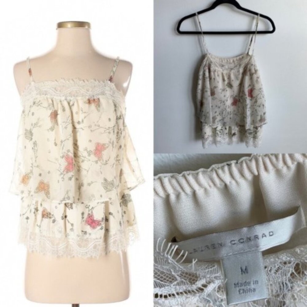 LC LAUREN CONRAD Sleeveless Ruffle Lace Tank in M